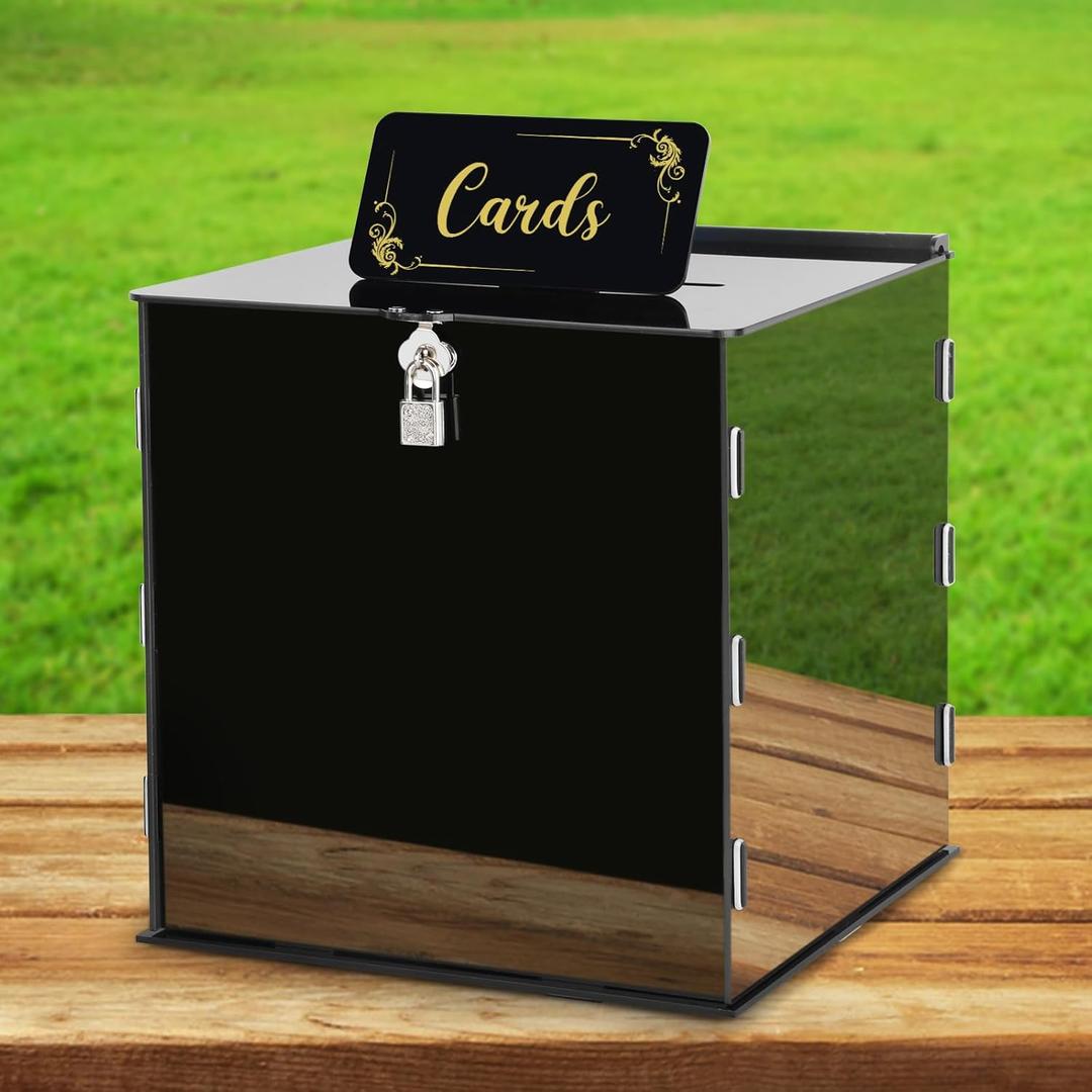 Hxezoc Black Acrylic Wedding Card Box DIY Card Boxes Gift Card Box Money Box Holder for Wedding Reception Anniversary Birthday Party Baby Shower Graduation Decorations (10 x 10 x 10 Inch)