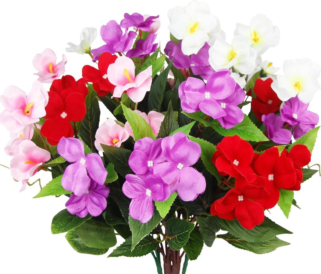 4 Pcs Artificial Flowers for Outdoors UV Resistant Silk Impatiens and Artificial Hibiscus Flowers Fake Plant Greenery Faux Impatiens for Outdoor Planters Spring Summer Porch Patio Balcony (Pink, Purple, Red, White)