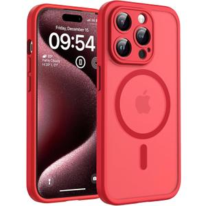 TOCOL Magnetic for iPhone 15 Pro Max Case, Upgraded Full Camera Protection, Compatible with Magsafe, Drop Protection, Translucent Matte Back Bumper Phone Cover 6.7-InchRed