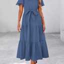 KIRUNDO Summer Button Down Wedding Guest Shirt Dresses for Women Maxi Flutter Short Sleeve Flowy Tiered Beach Sun Dress (S)