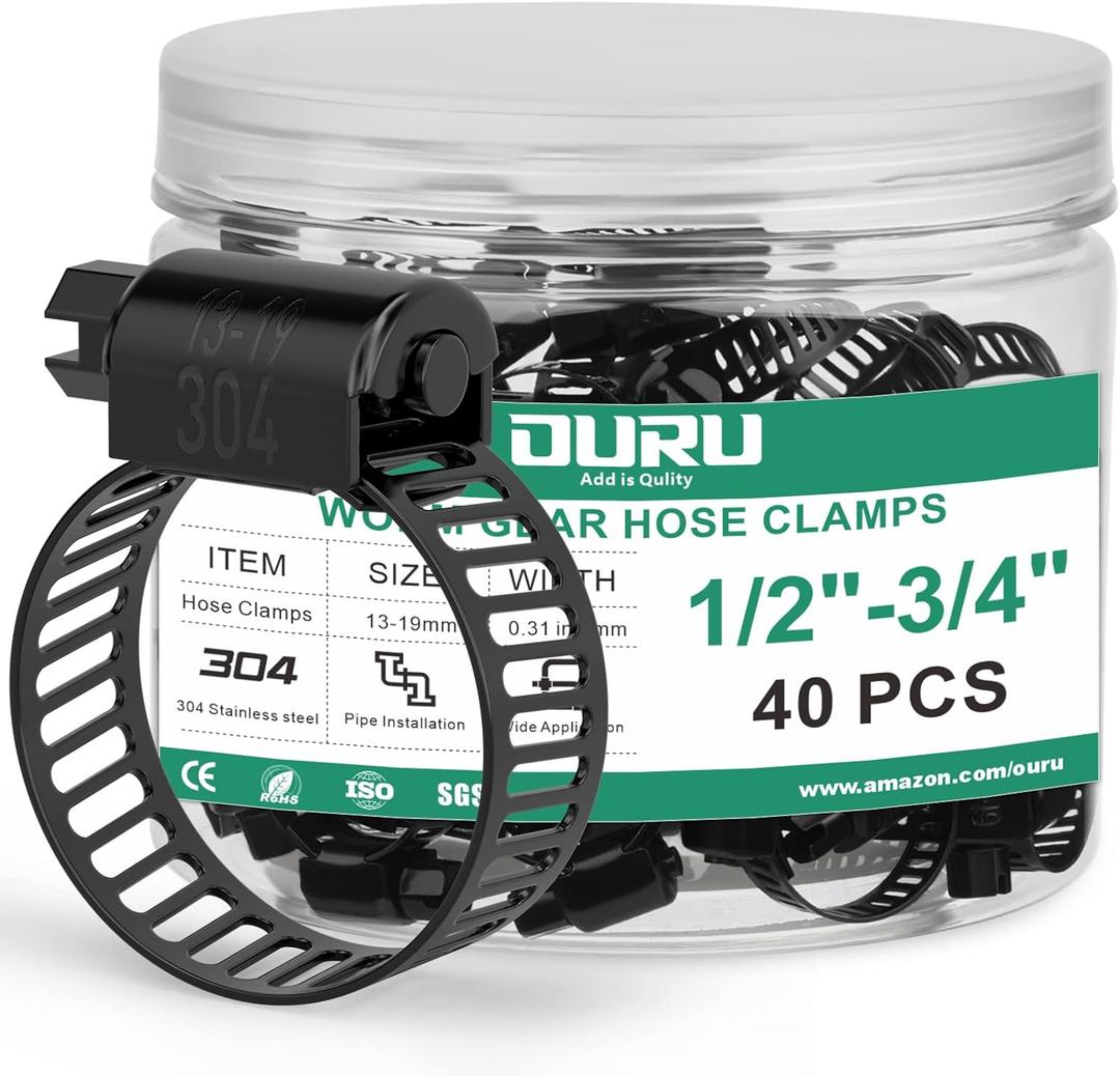 OURU 40PCS 1/2"-3/4" Black Hose Clamp,Adjustable 13-19mm Small Hose Clamps Stainless Steel,Metal Worm Gear Drive Hose Clamps for Automotive,Plumbing,Intercooler,Pipe,Fuel Line Radiator Clamps