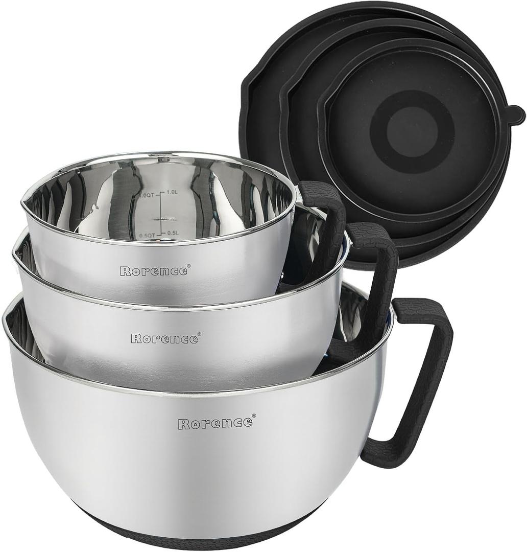Rorence Stainless Steel Non-Slip Mixing Bowls With Pour Spout, Handle and Lid, Set of 3, Black