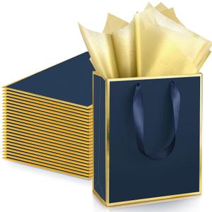 Yeaqee 24 Pack Metallic Paper Gift Bags with Handle and Tissue 9x7x3.1 Gold Foil Welcome Favor Bags Return Gifts for Wedding Fall 5 Senses Christmas Bridesmaid Birthday (Navy Blue, Gold)