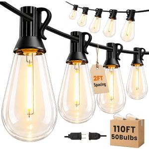 Outdoor String Lights 110FT(100+10) Waterproof, 50 LED S14 Shatterproof Edison Bulbs, 2FT Spacing, Extension Cord, Connectable Plug in Hanging Patio Lights for Outside, Backyard, Warm White