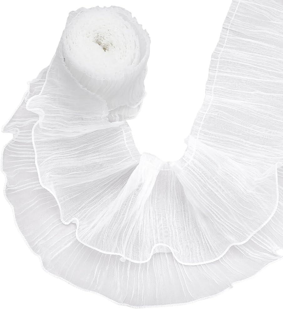 UNICRAFTALE 4 Yards White Ruffle Pleated Chiffon Trim 2 Layer Organza Lace Ribbon Double Organza Lace Trim Pleated Organza Lace Ribbons Trimmer Dress Bag Decoration Fabric for Dress Crafts Sewing