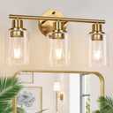 3-Light Gold Bathroom Light Fixtures, Modern Bathroom Vanity Light with Clear Glass Shade, Brushed Gold Bath Wall Mount Lights, Wall Lamp for Mirror Kitchen Bedroom Hallway Living Room Hallway