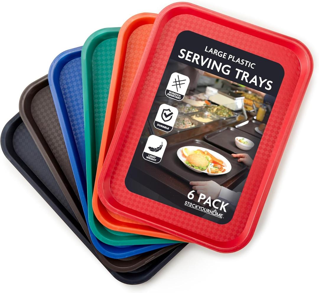 Stock Your Home Large Plastic Serving Trays for Fast Food (Set of 6) 16 x 12 Multicolor Cafeteria Tray for Lunch, Restaurant, Caf, Craft Service Carts