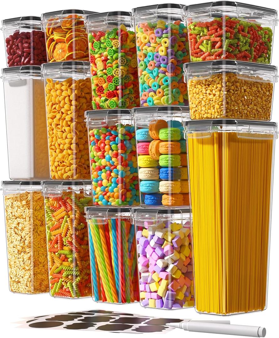 Airtight Food Storage Containers with Lids, 15 PCS Kitchen and Pantry Organization Canisters, BPA-Free, PVC-Free, Food-grade Plastic Leak-proof Jars for Cereal, Flour, Sugar, Extra 24 Labels & Marker