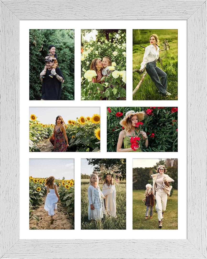 13x17 Picture Frame Display 8 opening 4X6 Picture Frame Collage, Multi Photo Frame with Mat, Plexiglass, Wall or Tabletop Decor, Distressed White Wood Grain