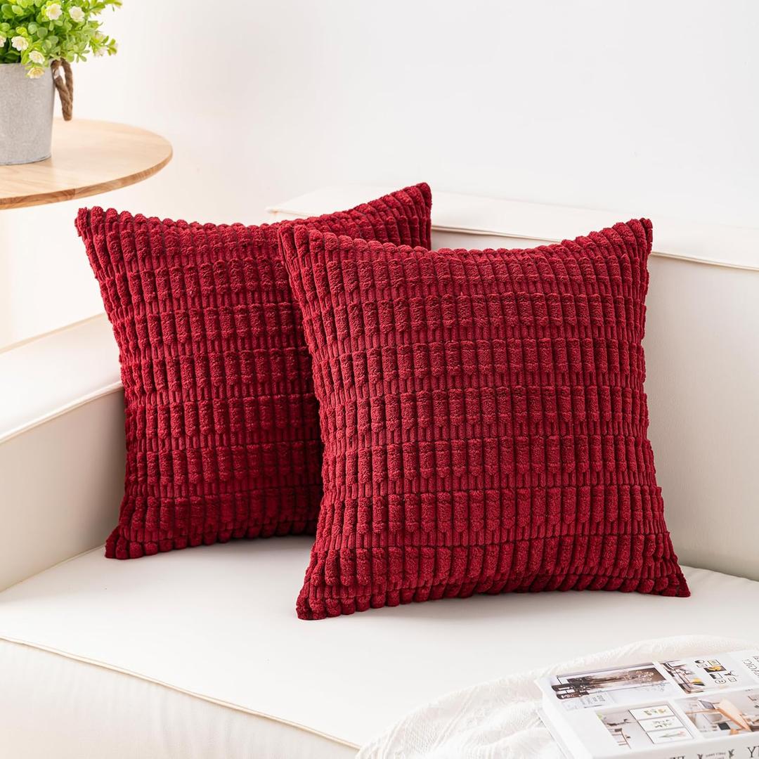 Pack of 2 Corduroy Decorative Throw Pillow Covers 18x18 InchSoft Striped Pillow Covers Modern Farmhouse Home Decor for Sofa Living Room Couch BedWine Red