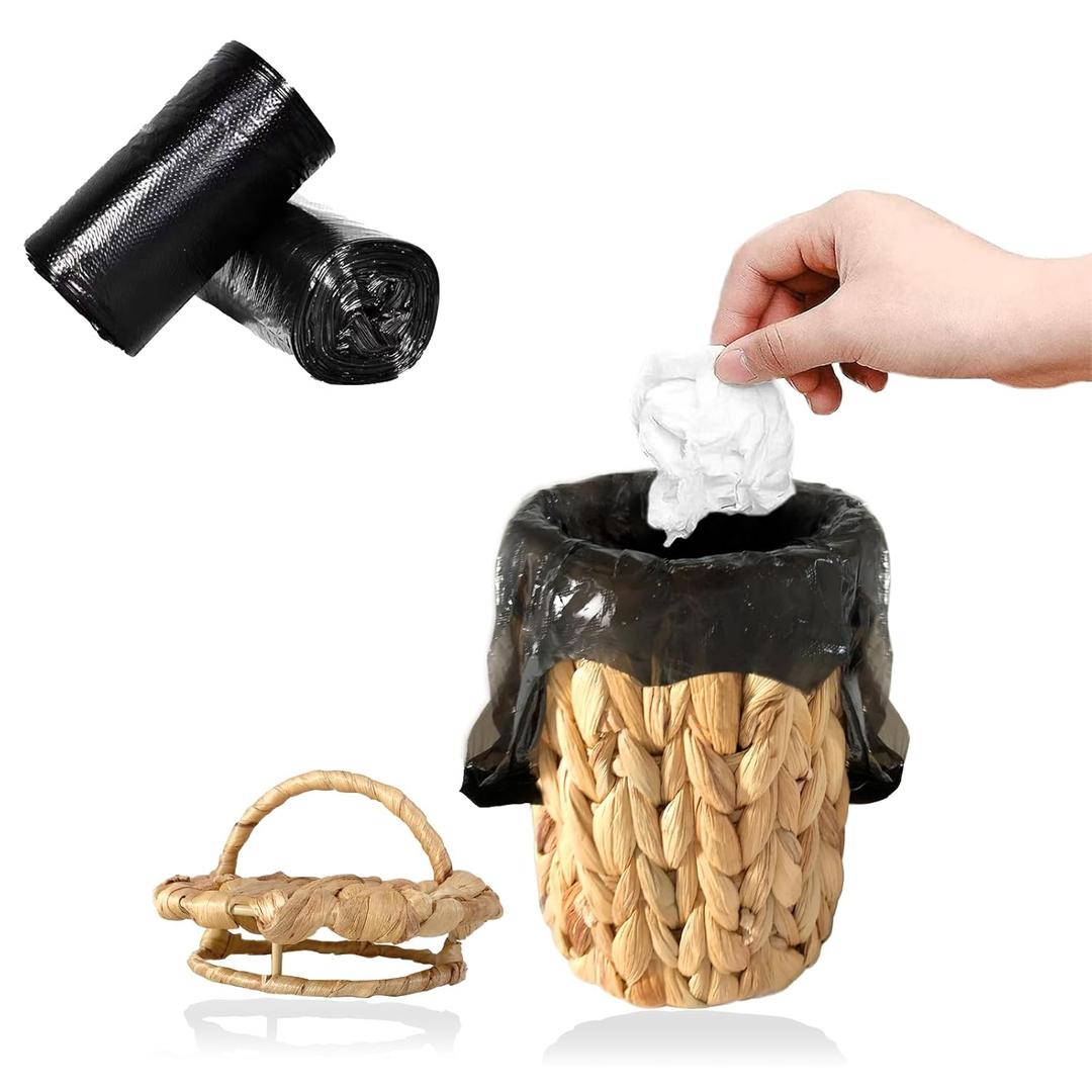 Wicker Garbage Can Basket Woven Waste Basket with Lid Bathroom Wastebasket Garbage Bin with 100 Pieces of Garbage Bags for Bedroom Farmhouse Home Kitchen Office