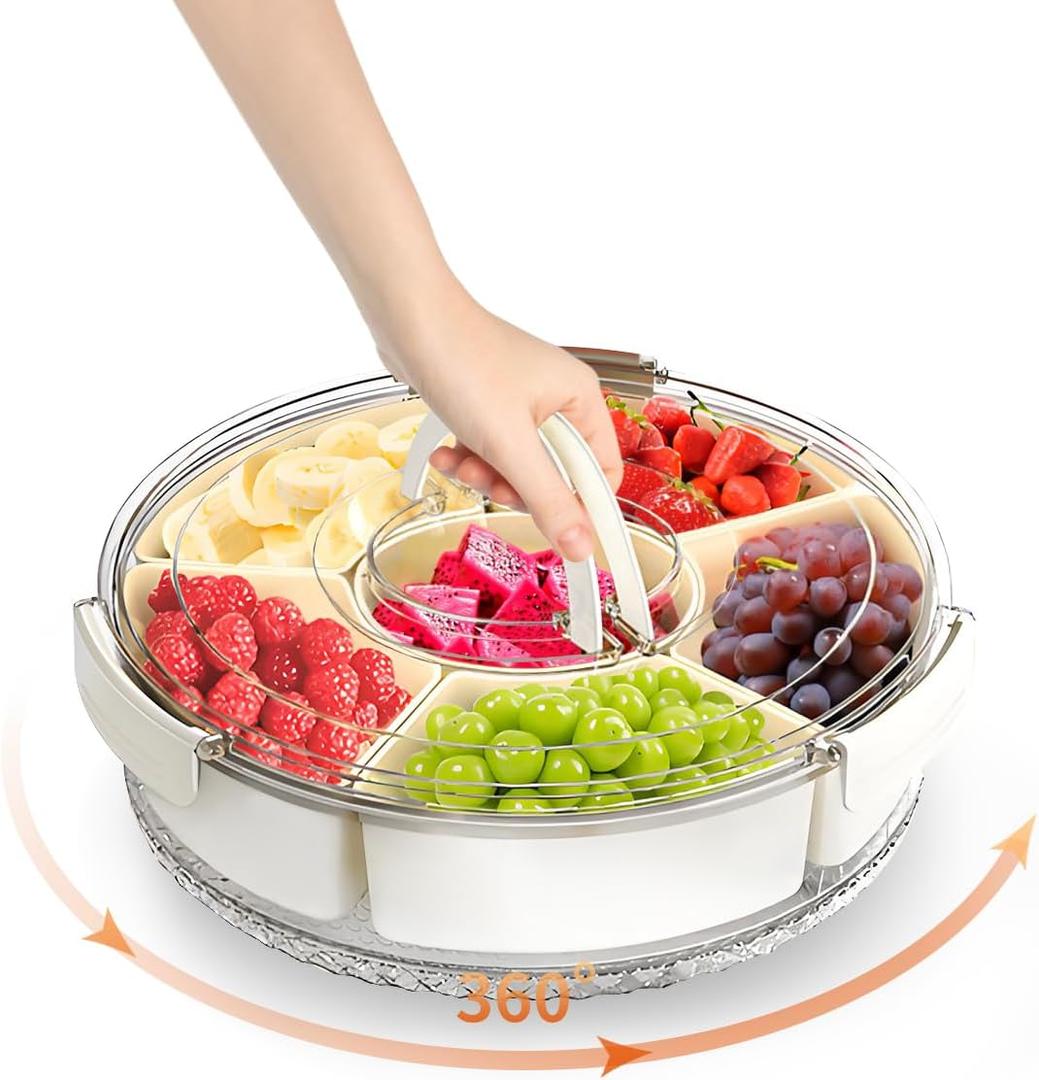Divided Serving Tray with Lid and Handle, Round Rotating Snackle Box Container, 6-Compartment, for Fruits Candy Organizer, Portable Spinning Rounded Veggie Tray for Kitchen, Party, Trave and Picnic