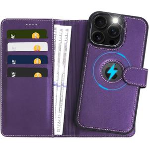2 in 1 PU Leather for iPhone 15 Pro Max Case, Detachable Wallet Case with Card Holder, Removable Flip Folio Cover with RFID Blocking, Stand Shockproof Phone CoverCompatible with MagSafe Purple
