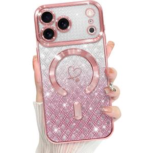 Bonoma Compatible with iPhone 17 Pro Max Case 2025 Support for MagSafe, Plating Heart Glitter Magnetic Checkered Case TPU Camera Protection Back Cover for Girls Women -Pink