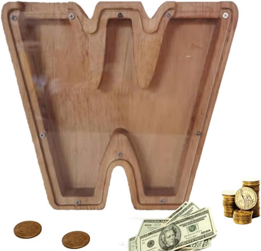Wooden Letter Piggy Bank, Cute 26 Alphabet Money Bank, Personalized Bills and Coins Bank Money Box, Cash Saving Bank for Adults Boys Girls Best Gift (W)