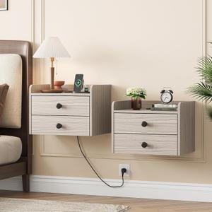 Floating Nightstand Set of 2 with 2 Storage Drawers and Charging Station Wood Wall Mounted Bedside End Table Modern Night Stands Set 2 for Bedroom,Small Space,Grey Black, 15.8 inches x 11.5 inches x 11.5 inches