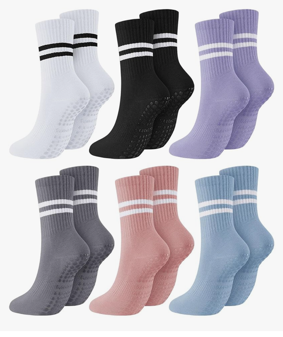 Sintege 6 Pairs Pilates Socks Yoga Socks with Grips for Women Non Slip Barefoot Workout Crew for Pregnant Ballet Dance (Missing 1 White Sock & Missing Purple Pair) (Medium)
