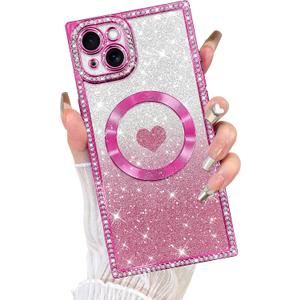 Fiyart Designed for iPhone 15 Case,Compatible with MagSafe Love Hearts Plating Soft Slim TPU Sparkle Rhinestone Glitter Shockproof Phone Bumper for Women Girls 6.1"-Hot Pink