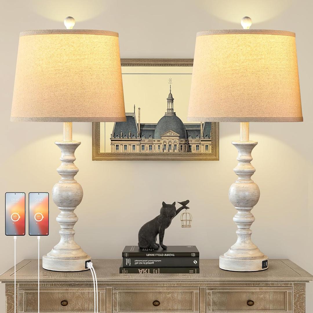 SRJJRS Farmhouse Lamp for Bedroom Set of 2, Rustic Table Lamp with Dual USB Charging Ports, 28" Tall Table Lamps with Linen Shade for Living Room, Bulb Not Included (Rotary Switch-off white)