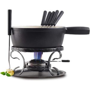Artestia Cast Iron Fondue Pot Set for Cheese & Chocolate, Fondue Set for 6 with Burner & 6 Forks, Swiss Fondue Pot for Party, Family & Gift, Black