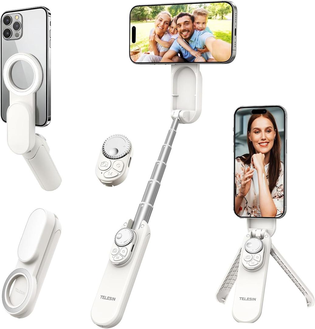 Multifunctional Magnetic Selfie Stick Tripod, 360 Rotation Portable Extendable Phone Stand for Video Recording & Vlog, Pocket Size for iPhone Android Smartphones (White)