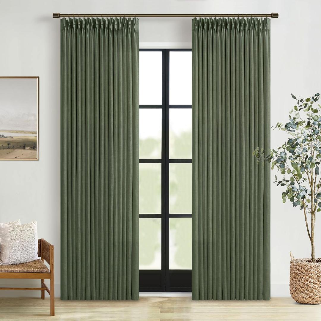 Pinch Pleated Olive Green Linen Curtains 84 Inches Long 2 Panels Set for Living Room Bedroom Dining Pinch Pleat Back Tab Light Filtering Farmhouse Boho Dark Green Loden Window Curtain Drapes W50xL84
