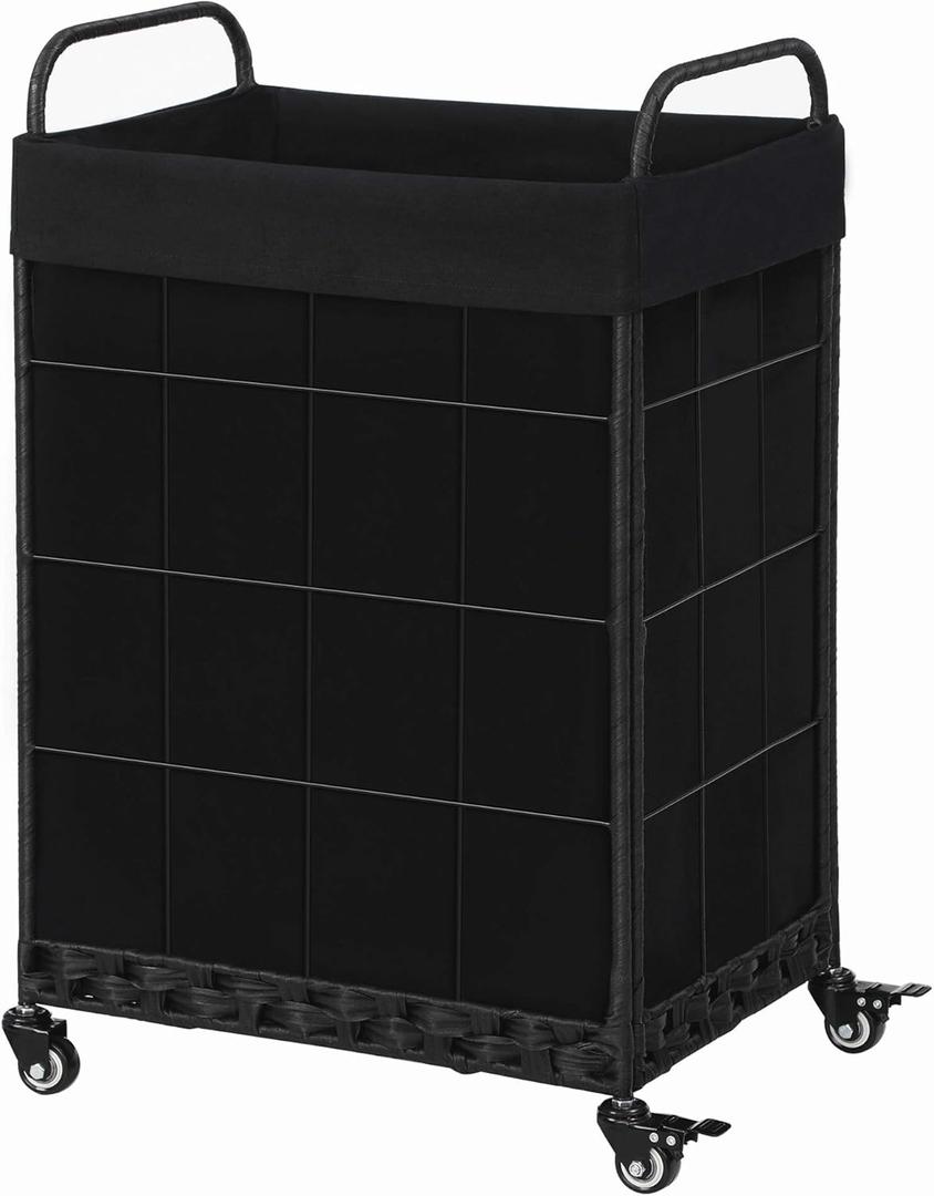 Laundry Hamper with Heavy Duty Rolling Lockable Wheels; Durable Laundry Basket with Detachable Liner Bag; Collapsible Clothes Hamper with Metal Handle (Black) (100L18.9"x14.17"x29.06", Black)