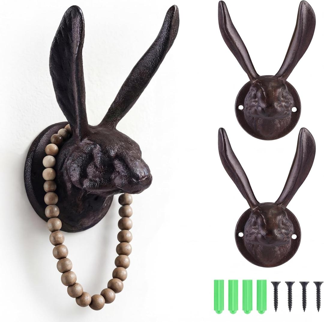 2 Pcs Cast Iron Rabbit Wall Hooks Rustic Bunny Ears Wall Mount Hanger Animal Shaped Hooks Antique Heavy Duty Iron Art for Hanging Clothes Coats Towels Keys Hats, Farmhouse Home Kitchen Decor