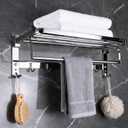 24" Double Towel Rack with 7 Hooks, Bathroom 90° Foldable Towel Bar.Silver