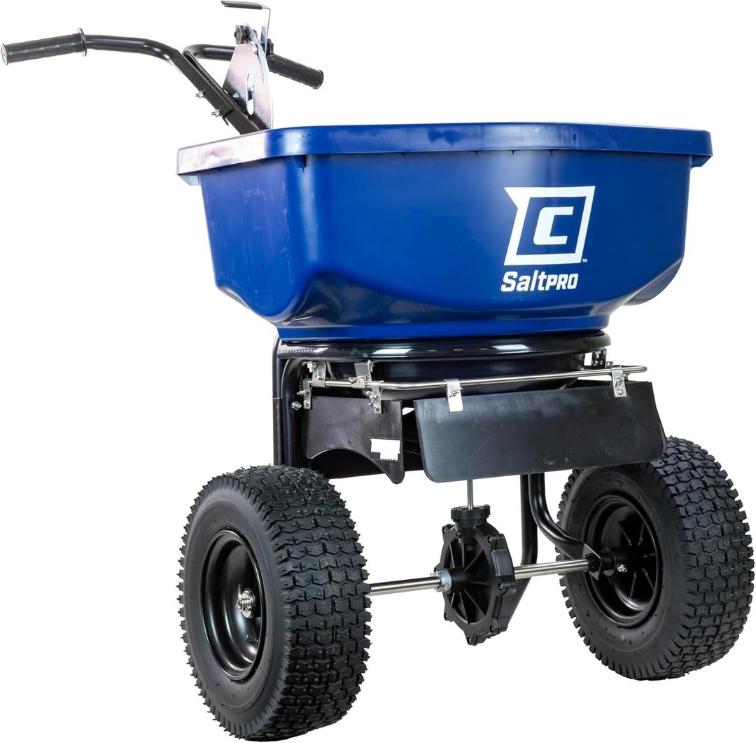 Chapin 88300B Spreader, Salt, Ice Melt, Contractor, SaltPro, Walk Behind, Spiked Auger, Adjustable Baffles, 12" Tires, Lever Control, Enclosed Gears, Weather-Resistant, Rain Cover, 80Lbs
