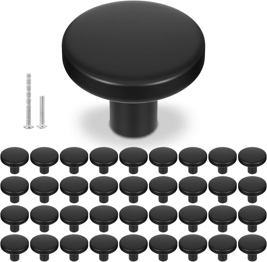 36 Pack Black Cabinet Knobs, Matte Black Zinc Alloy Drawer Pulls, 1-1/5 Inch Round Kitchen Hardware for Dresser, Wardrobe, Closet, and Bathroom Furniture