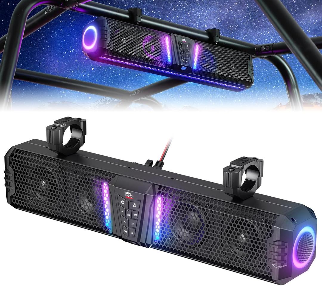 KEMIMOTO Midnight 60 26-inch UTV Sound Bar Waterproof IP66, 65Hz Deep Bass, APP Control Multicolor Lights, Metal-Built Soundbar Bluetooth for ATV Golf Cart Marine Boat fits 1"-2" Roll Bar (Black)