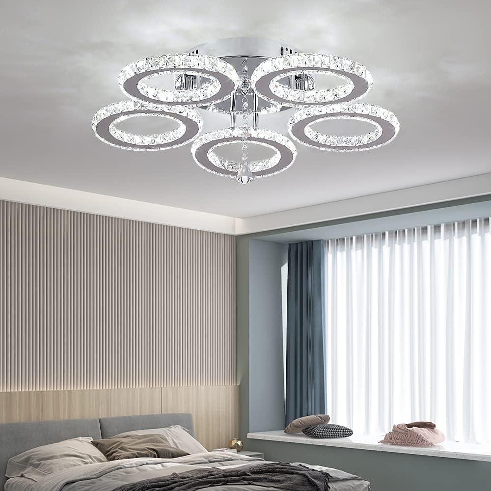 Deckrico Crystal Chandelier Modern LED 5-Rings Light Fixtures Flush Mount Stainless Steel Pendant Ceiling Lamp for Living Room Bedroom Restaurant Porch Dining Room (Cool White)