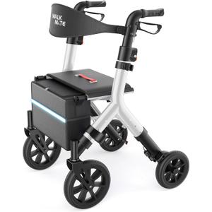 WALK MATE Rollator Walker for Seniors 5.3~7ft Tall, Height-Adjustable Seat, Built-in Cable, 10 Inch Wheels, 16.5 lb Lightweight & Compact Folding Design, 300 lb Capacity, Silver