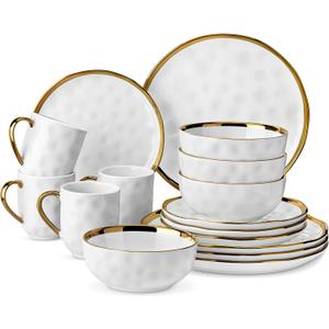 LOVECASA 16 Pieces Plates and Bowls Sets, Porcelain White and Gold Dinnerware Sets, Round Dinner Plates Dishes Set Service for 4, Dishwasher Safe and Scratch Resistant, White (16 Piece (Service for 4))