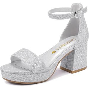 LAURMOSA Silver Dress Shoes for Girls Dress Sandals High Heels for Kids Sandals Flower Girl Shoes Wedding Party Block Chunky Sparkly Heels Size 2 Open Toe Ankle Strap Pumps Big Kids (L1038GlSilver 2)