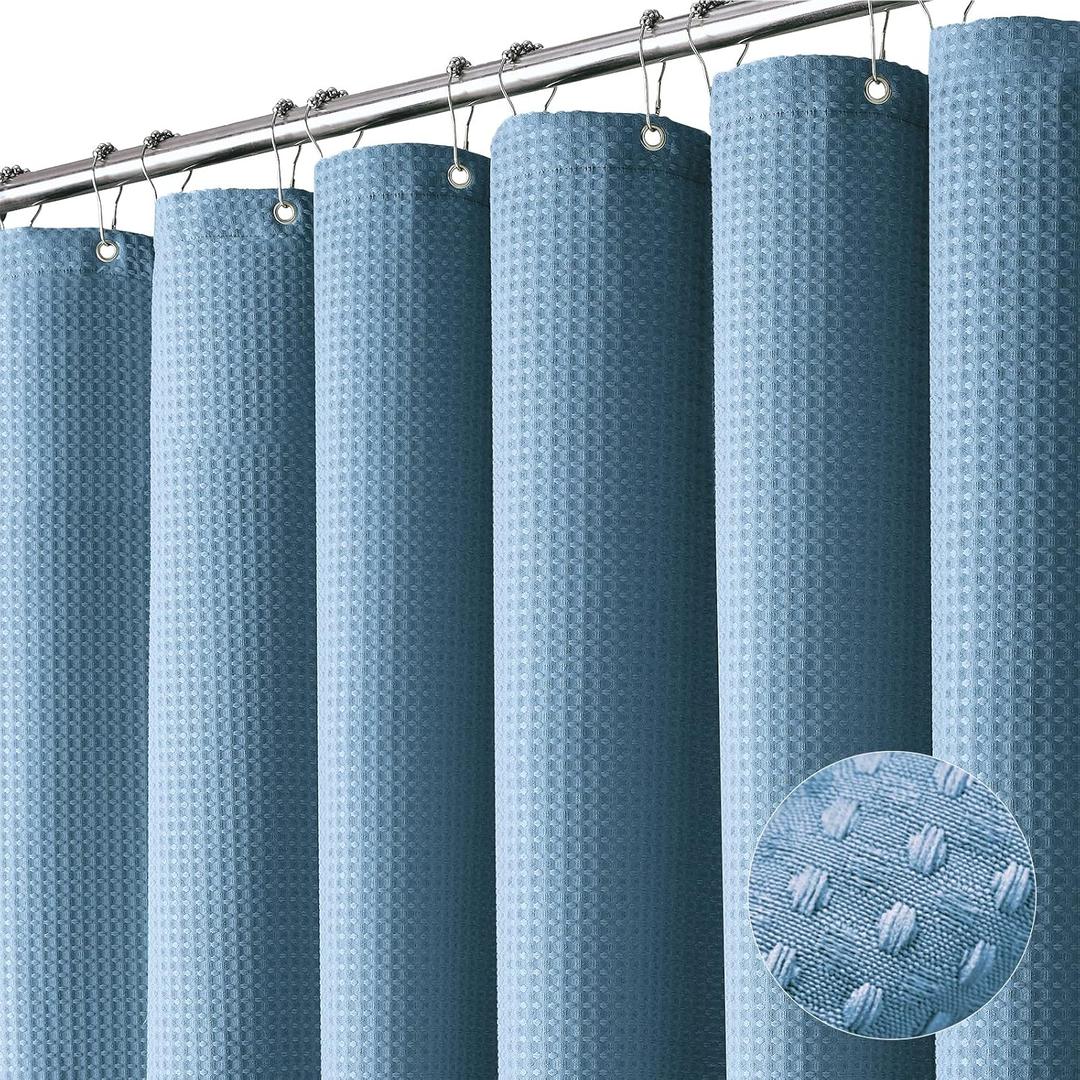 Dynamene Blue Fabric Shower Curtain - Waffle Weave Textured Heavy Duty Cloth Shower Curtains for Bathroom, 256GSM Hotel Luxury Weighted Bath Curtain Set with 12 Plastic Hooks, 72x72, Moonlight Blue