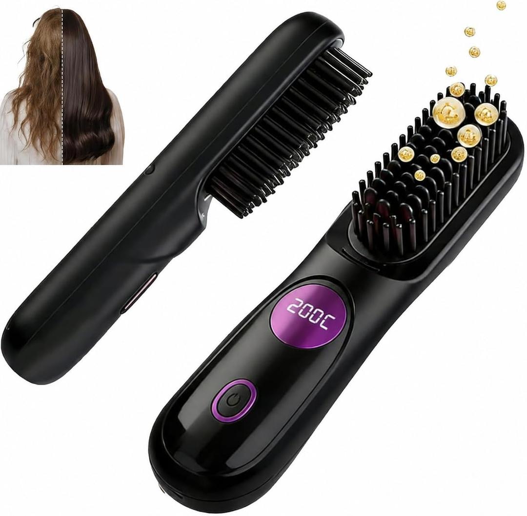 Go Brush Pro for Short Hair, 2026 Upgraded Hair Straightener Brush, Portable Cordless Straightener Brushs for Travel, Fast Heating Hair Straightener with LCD Temperature Display, Travel Gift (Black)