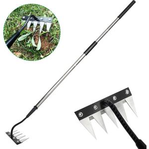 Forged Iron Weeding Rake,Gardenia 2.0 Iron Weed Rake with Long Handle,Thickened 5 Teeth Carbon Steel Garden Weeding and Leaf Removal Tools