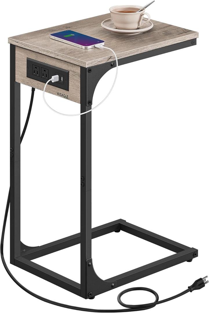 VASAGLE C-Shaped Side Table, End Table with Charging Station, C Table for Couch, Sofa, Adjustable Feet, for Bedroom, Living Room, 2 USB Ports and Outlets, Heather Greige ULET362K02