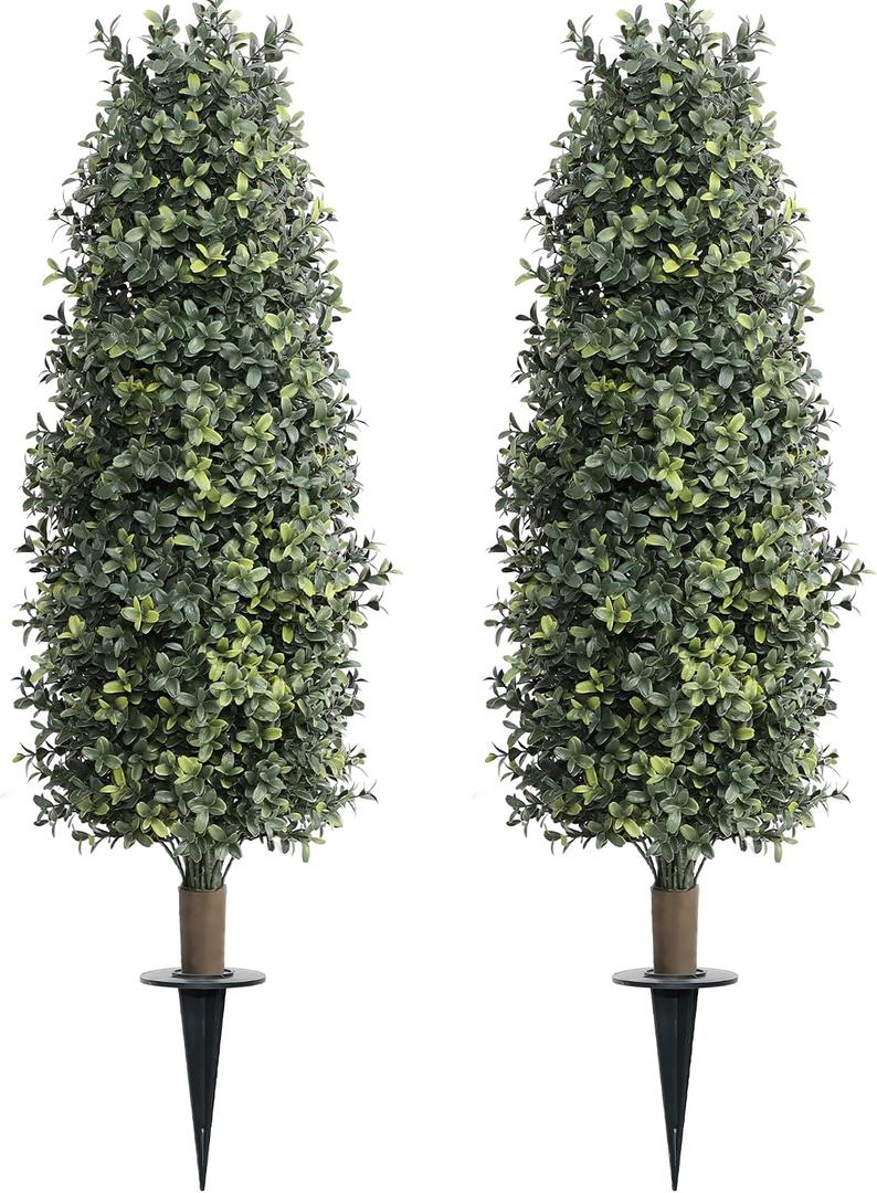 36" Artificial Boxwood Topiary Trees with Ground Spike Set of 2, Outdoor 3ft Faux Boxwood Topiaries Cone Bushes Trees Fake Shrubs Plants Front Porch Decor Outside Garden