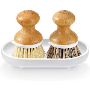 SUBEKYU Dish Brush, Bamboo Dish Scrubber Brush Set with Tray, Natural Kitchen Dishwashing Scrub Brush for Cleaning Dishes/Pans/Pots, Built-in Scraper, Natural Sisal + Palm Bristles, Set of 2
