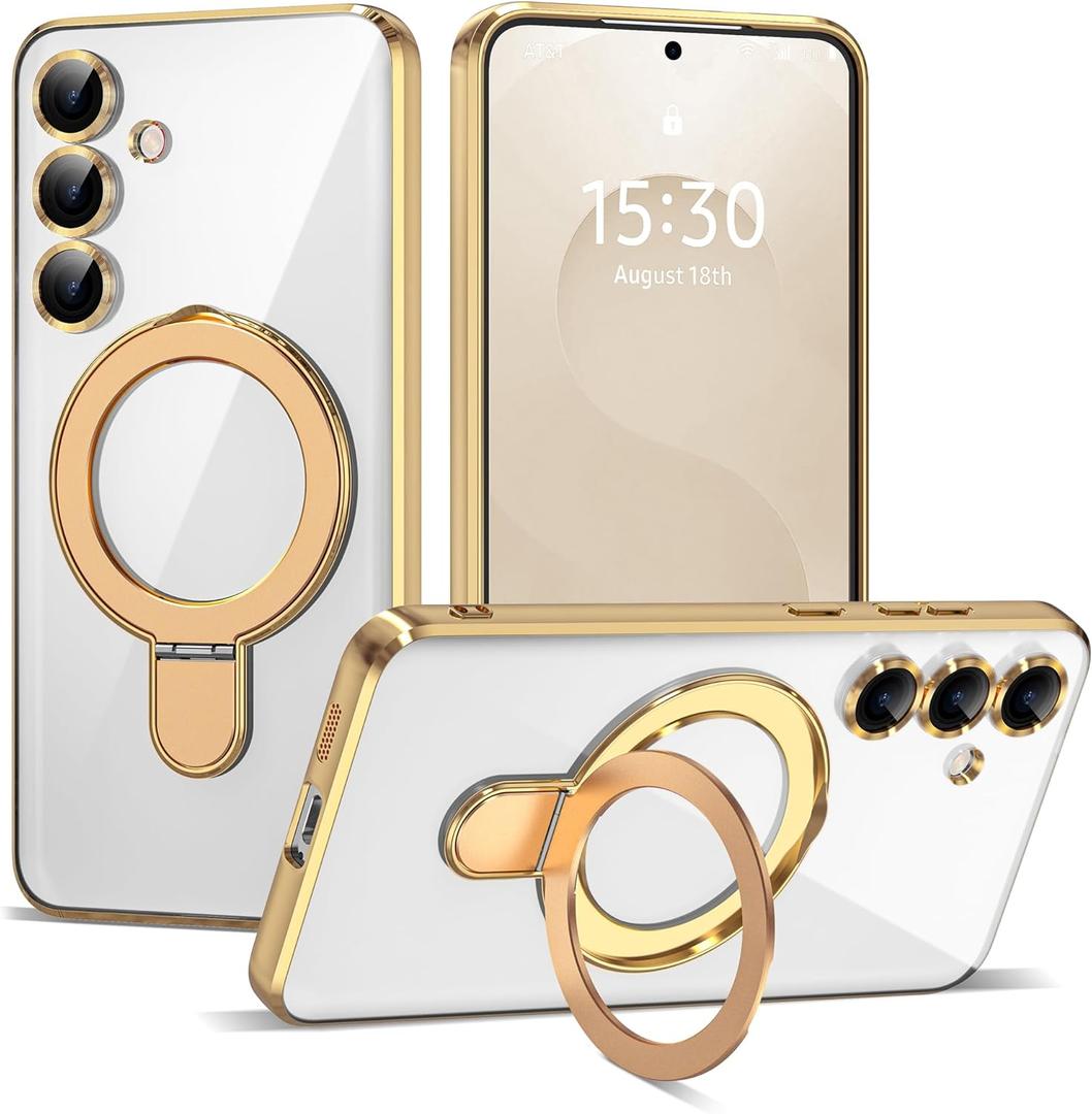 Compatible with Samsung Galaxy S25 Case with Magnetic Ring Stand [Compatible with Mag-Safe] [Full Camera Lens Protector] Plating Clear Phone Case for Galaxy S25 6.2", Gold