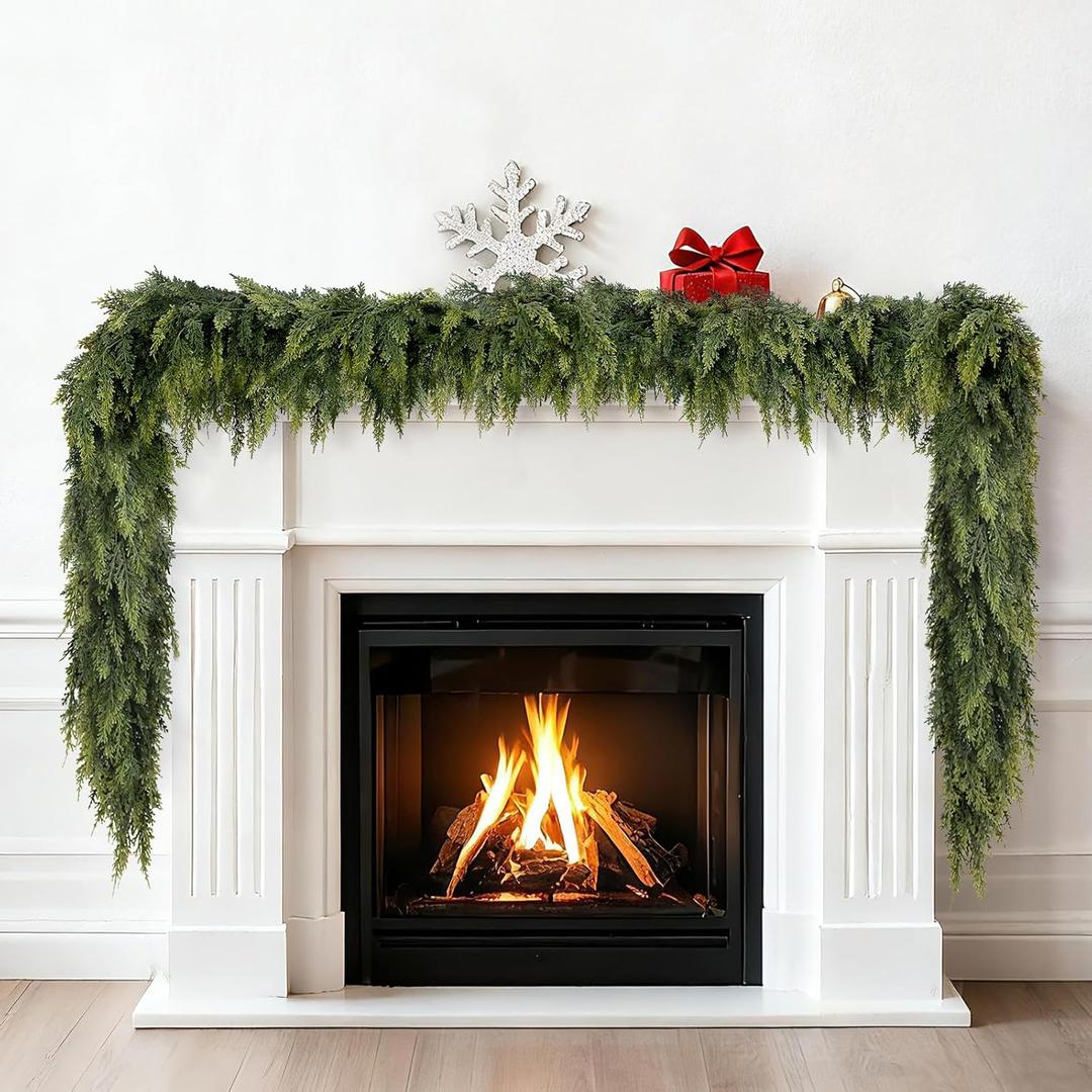 9FT Christmas Cedar Garland, Artificial Real Touch Cedar Pine Garland, Thickness Realistic Greenery Garlands for Mantel Fireplace Table Wall Outdoor Indoor Holiday Home Christmas Decorations