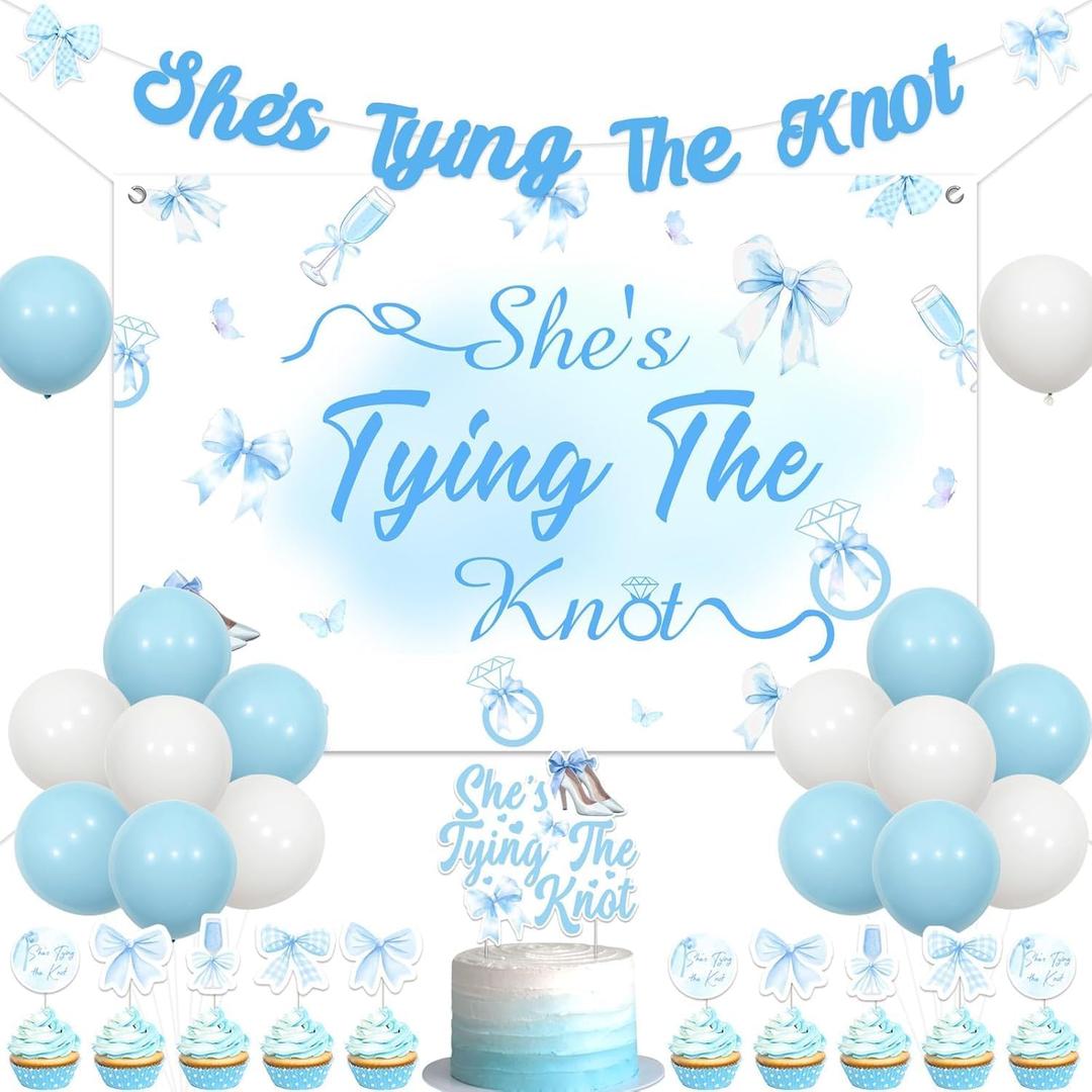 Blue Bow Bachelorette Party Decorations She's Tying The Knot Banner Blue Bow Bachelorette Backdrop Cake Cupcake Toppers for Bridal Shower Engagement Wedding Party Supplies