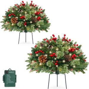 TOWPONICS Set of 2 Outdoor Christmas Trees Urn Filler, 18in Prelit Battery Operated Artificial Small Xmas Tree Holiday Dcor with 50 LED Lights, Red Berries, Pine Cones, Tripod Stake, 8 Modes & Timer