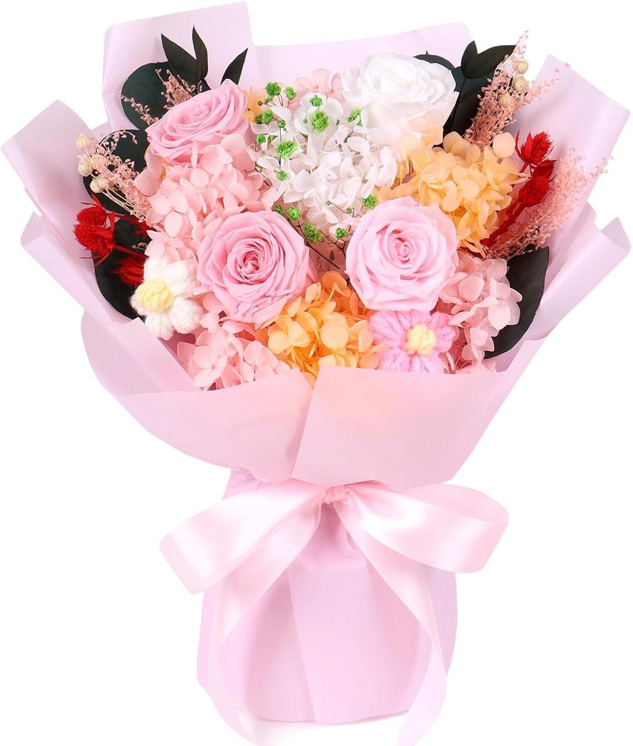 Pink Rose Preserved Flowers Bouquet Forever Roses Birthday Gifts for Mom Grandma Women Dusty Rose Fresh Flower for Valentine's Day Mother's Day 4 Real Dried Eternal Flowers Christmas Arrangement