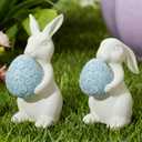 WDS WONDROUS Easter Decorations Bunny Figurines Set, Cream White Bunny with Blue Flower-Embossed Egg - Minimalist Spring Home Decor Resin Statue Set of 2, Simple Gift for Table Desk Wedding