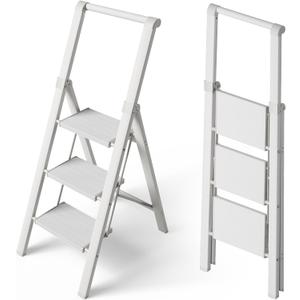 Taranta 3 Step Ladder, Portable Folding Ladder with Wide Pedal, Lightweight Aluminum Step Stool with Convenient Handgrip, 330 lbs Capacity Stepladder for Home, Office - White