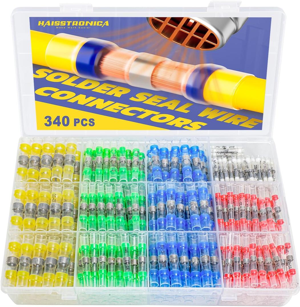 340PCS Solder Seal Wire Connectors-haisstronica Marine Grade Heat Shrink Wire Connectors-Butt Splice Wire Terminals for Marine, Electrical with Corrosion and Weatherproof (5Colors/5Sizes)